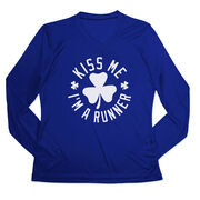 Women's Long Sleeve Tech Tee - Kiss Me I am a Runner Shamrock