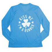 Women's Long Sleeve Tech Tee - Kiss Me I am a Runner Shamrock