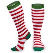 Woven Yakety Yak! Knee High Socks - Running Christmas Elf (Red & White Stripes/Green)