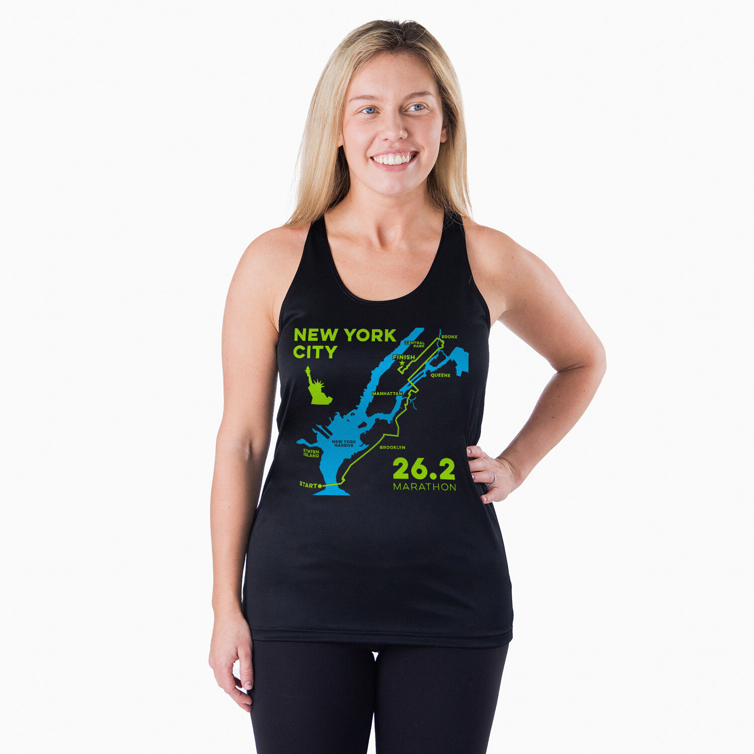 Women s Racerback Performance Tank Top New York City Route Black AXL Female Gone for A Run
