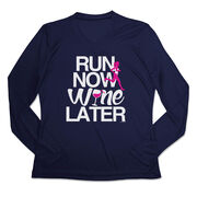 Women's Long Sleeve Tech Tee - Run Now Wine Later (Bold)