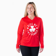 Women's Long Sleeve Tech Tee - Kiss Me I am a Runner Shamrock