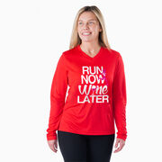 Women's Long Sleeve Tech Tee - Run Now Wine Later (Bold)