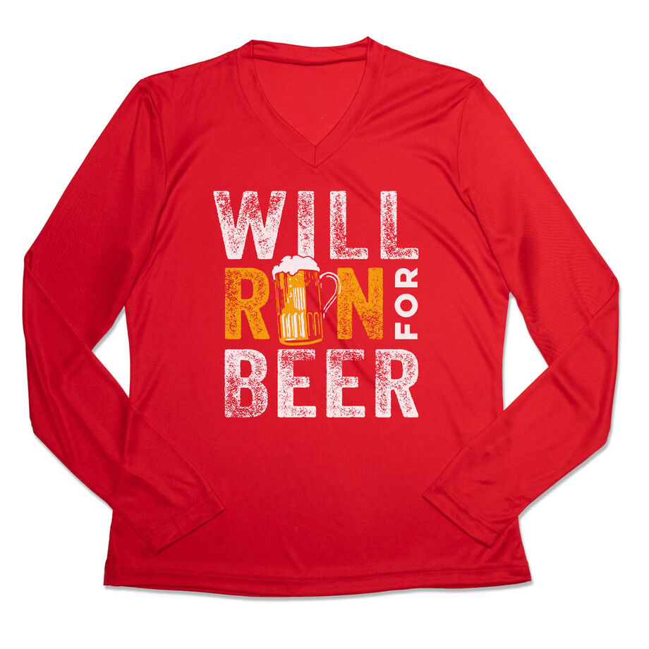 Women's Long Sleeve Tech Tee - Will Run For Beer [Adult X-Large/Red] - SS