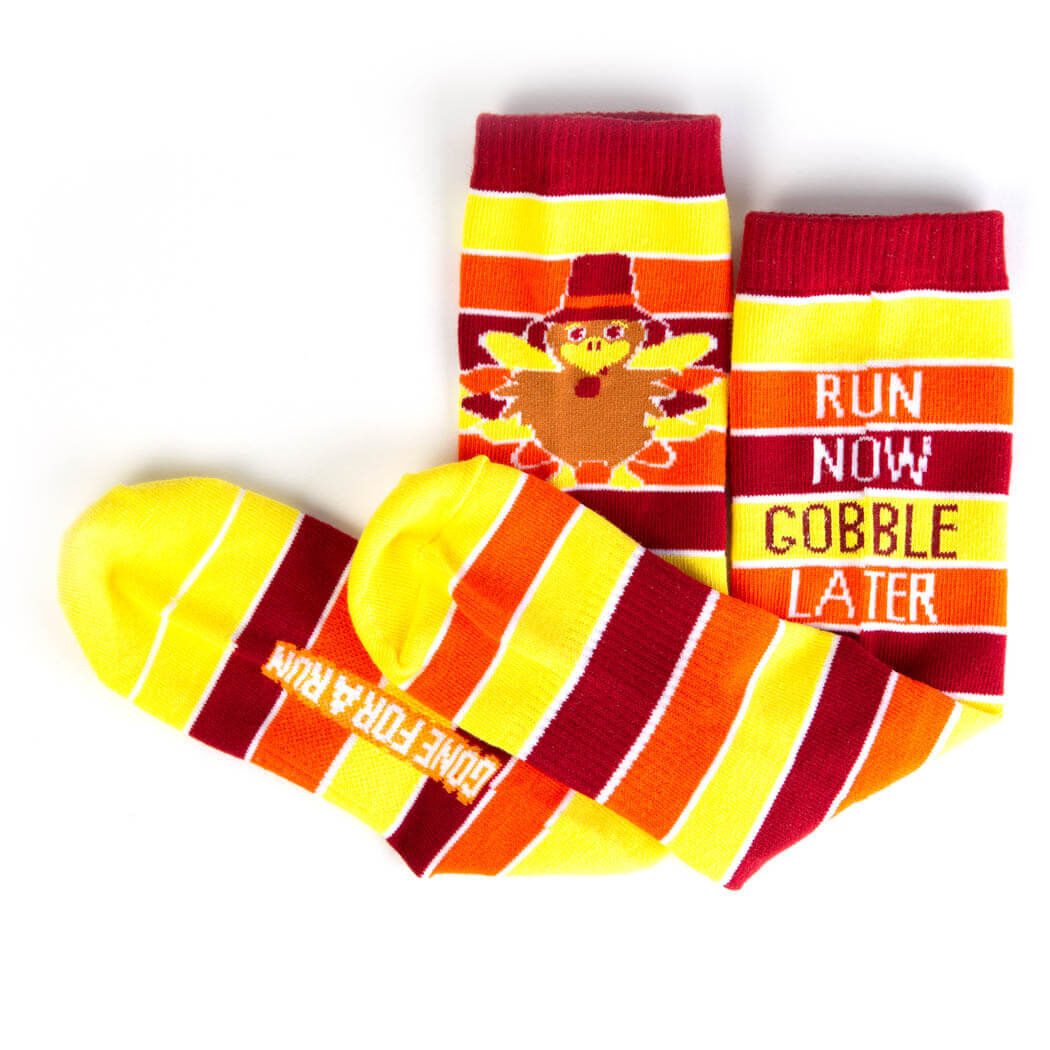 Running Woven Mid Calf Socks Run Now Gobble Later Yellow Orange