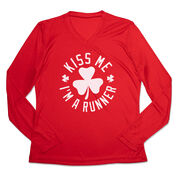 Women's Long Sleeve Tech Tee - Kiss Me I am a Runner Shamrock