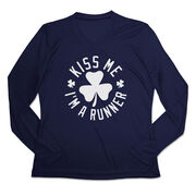 Women's Long Sleeve Tech Tee - Kiss Me I am a Runner Shamrock