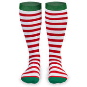 Woven Yakety Yak! Knee High Socks - Running Christmas Elf (Red & White Stripes/Green)